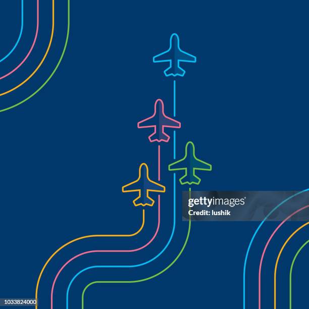 four airplanes flying up on navy blue - aeroplane abstract stock illustrations