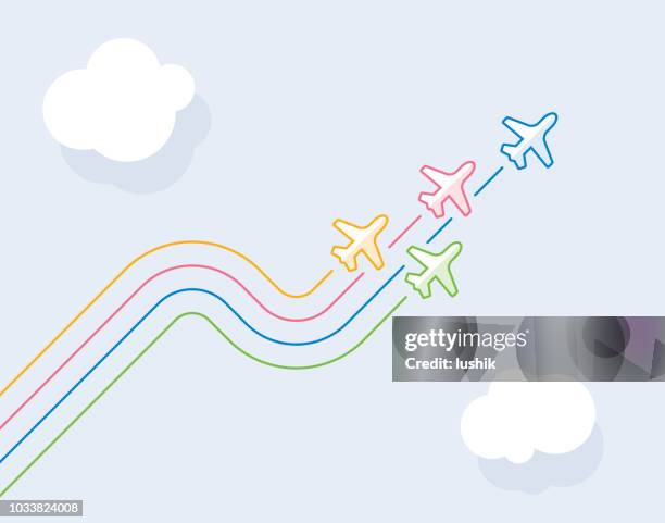 airplanes trail on blue sky - plane clouds stock illustrations