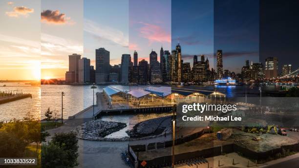 composite day to night view of lower manhattan - new york - new york city sunset stock pictures, royalty-free photos & images