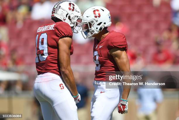 Osiris St. Brown and JJ Arcega-Whiteside of the Stanford Cardinal celebrates after Brown catches a long pass against the UC Davis Aggies during the...