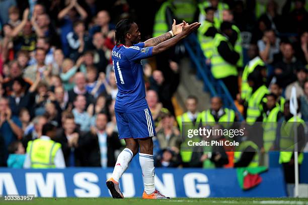 Didier Drogba celebrates after scoring his team's second goal during the Barclays Premier League match between Chelsea and West Bromwich Albion at...