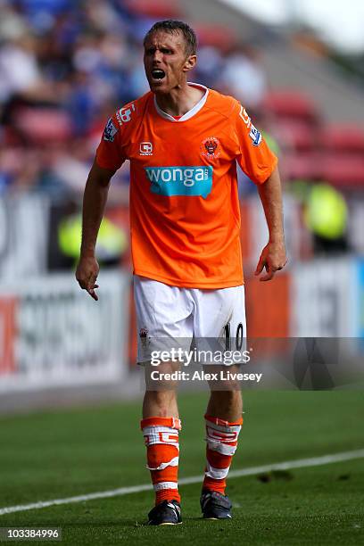 Brett Ormerod of Blackpool shouts during the Barclays Premier League match between Wigan Athletic and Blackpool at the DW Stadium on August 14, 2010...