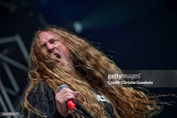 John Tardy of Obituary performs on stage on day 2 of Bloodstock Open Air Metal Festival at Catton Hall on August 14, 2010 in Derby, England.