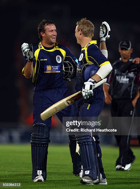 Sean Ervine and Jimmy Adams of Hampshire celebrate victory after the final ball of the innings during the Friends Provident T20 Final between...