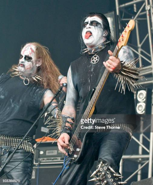 Pest and Boddel of Gorgoroth perform on stage at Bloodstock Open Air Metal Festival at Catton Hall on August 13, 2010 in Derby, England.