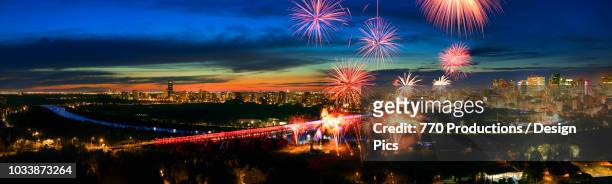 fireworks in the edmonton river valley - edmonton river stock pictures, royalty-free photos & images