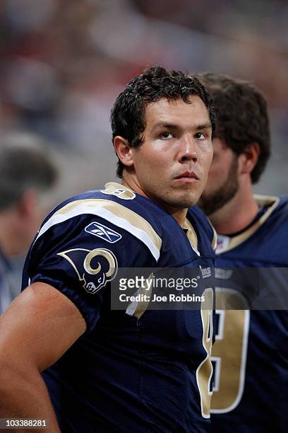Sam Bradford of the St. Louis Rams looks on against the Minnesota Vikings during the preseason game at Edward Jones Dome on August 14, 2010 in St....