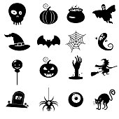 Icon set Helloween- witch hat vector, grim reaper, scary face, pumpkin, ghost, monster, vampire, mansion, castle, witch, web, pot, bat, spider, cat. Vector, isolated