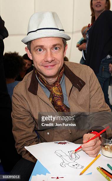 Actor Martin Freeman colours in Iggle Piggle as he attends 'In The Night Garden ... Live' in the Meridian Gardens at The O2 on August 15, 2010 in...