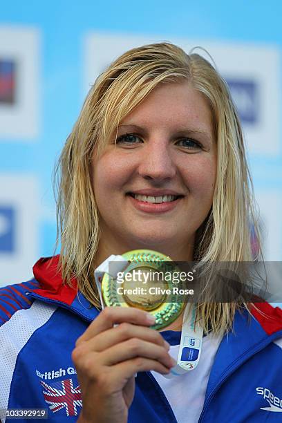 Rebecca Adlington of Great Britain poses with her Gold medal on the podium after winning the Women's 400m Freestyle Final during the European...