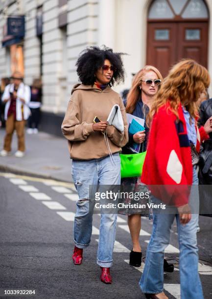 Julia Sarr-Jamois is seen outside Molly Goddard during London Fashion Week September 2018 on September 15, 2018 in London, England.
