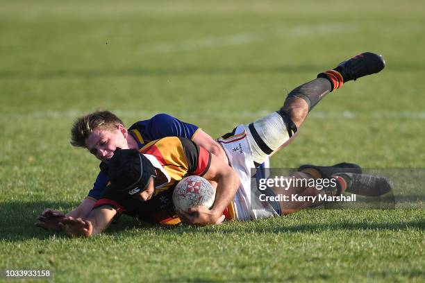 Kaea Hongara of Waikato is tackled during the Jock Hobbs U19 Rugby Tournament on September 15, 2018 in Taupo, New Zealand.