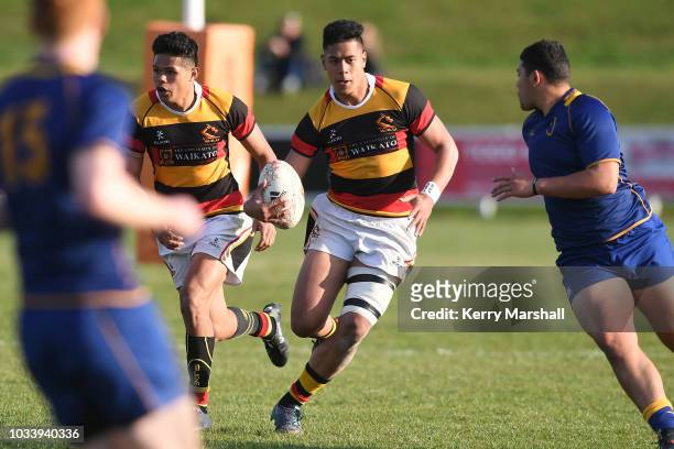 Siave Seti of Waikato looks for a gap in the Otago line during the Jock Hobbs U19 Rugby Tournament on September 15, 2018 in Taupo, New Zealand.