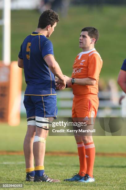 Match referee Marcus Playle speaks to Josh Hill of Otago during the Jock Hobbs U19 Rugby Tournament on September 15, 2018 in Taupo, New Zealand.