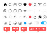 Social media icons set. Like, follower, comment, home, camera, user, search. Vector illustration on white background.