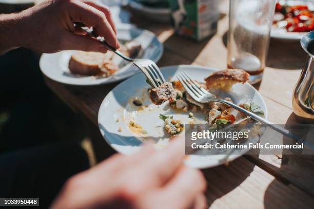outdoor dining - finishing food stock pictures, royalty-free photos & images