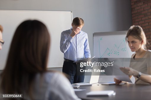 Nervous male speaker worried to make presentation in public Nervous male speaker worried to make presentation in public