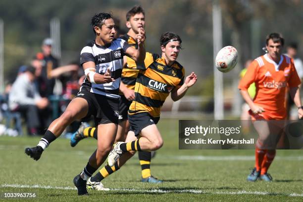 Lincoln McClutchie of Hawkes Bay passes during the Jock Hobbs U19 Rugby Tournament on September 15, 2018 in Taupo, New Zealand.