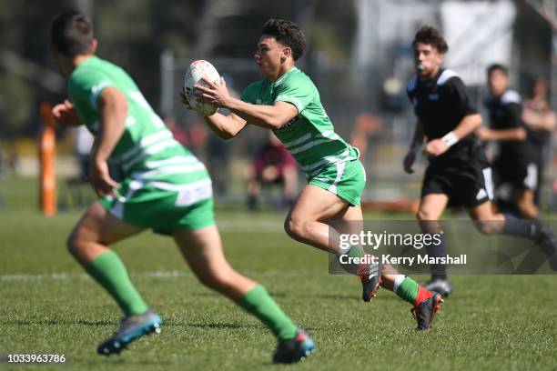 Tobias Wickham-Manuel of Manawatu makes a break during the Jock Hobbs U19 Rugby Tournament on September 15, 2018 in Taupo, New Zealand.