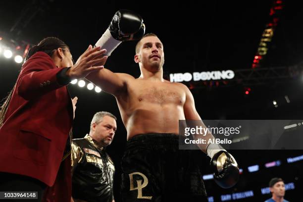 David Lemieux celebrates after knocking out Gary O'Sullivan in the first round during their middleweight bout at T-Mobile Arena on September 15, 2018...