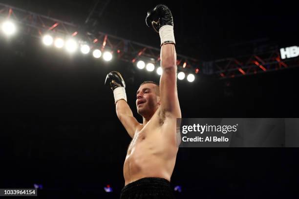 David Lemieux celebrates after knocking out Gary O'Sullivan in the first round during their middleweight bout at T-Mobile Arena on September 15, 2018...