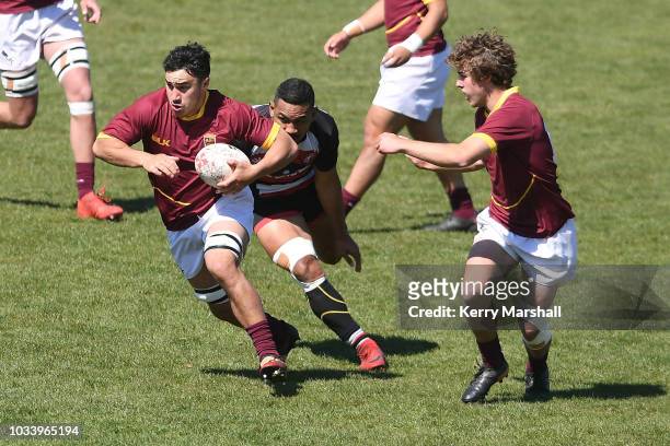Taine Te Whata of Southland makes a break during the Jock Hobbs U19 Rugby Tournament on September 15, 2018 in Taupo, New Zealand.