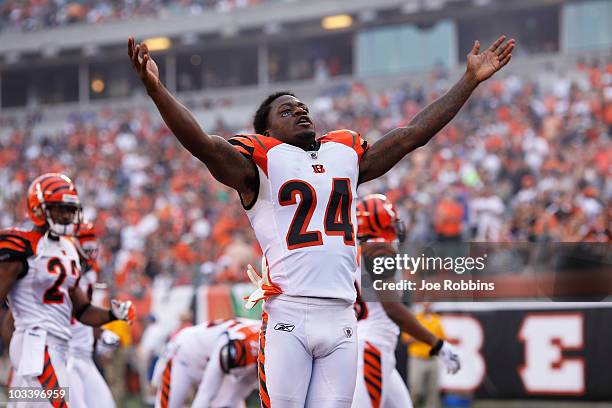 Adam Jones of the Cincinnati Bengals gestures to the crowd before the preseason game against the Denver Broncos at Paul Brown Stadium on August 15,...