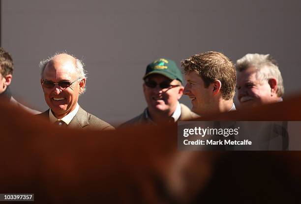 Invited guests watch Big Brown as he is paraded at a media conference announcing the arrival of world champion racehorse Big Brown at the Inglis...