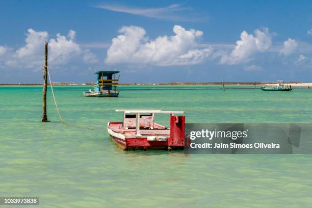 fishing boats at ipioca beach in maceió city, alagoas state, brazil - maceio stockfoto's en -beelden