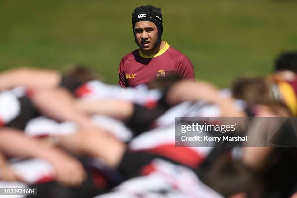 Kaleb Talamahina of Southland watches a scrum during the Jock Hobbs U19 Rugby Tournament on September 15, 2018 in Taupo, New Zealand.