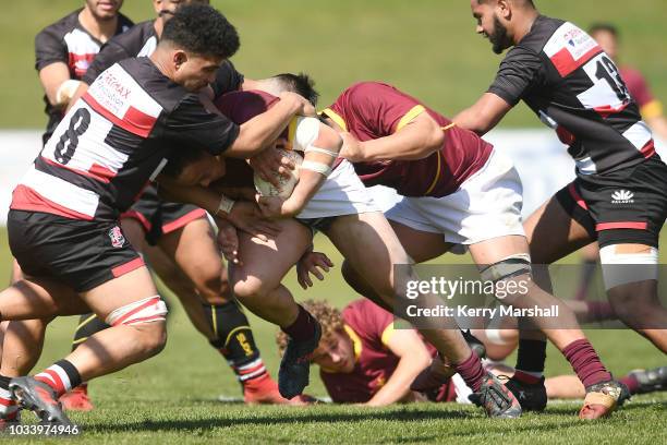 Josh Mason of Southland drives towards the tryline during the Jock Hobbs U19 Rugby Tournament on September 15, 2018 in Taupo, New Zealand.