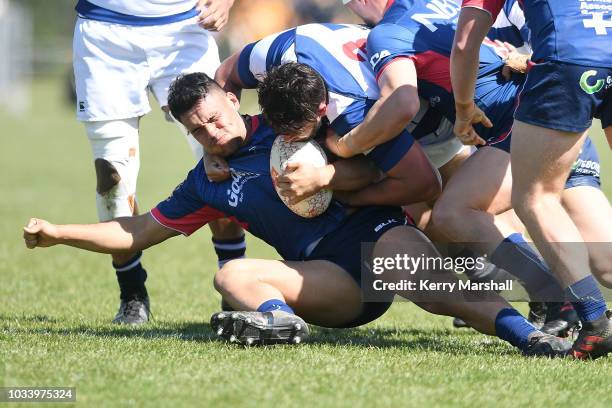 Kershawl Sykes-Martin of Tasman is tackled during the Jock Hobbs U19 Rugby Tournament on September 15, 2018 in Taupo, New Zealand.