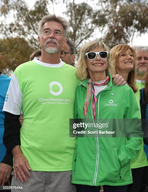 Olivia Newton-John and her husband John Easterling look on during the annual Wellness Walk and Research Runon September 16, 2018 in Melbourne,...