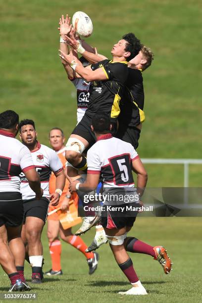 Wellington and North Harbour players contest a high ball during the Jock Hobbs U19 Rugby Tournament on September 15, 2018 in Taupo, New Zealand.