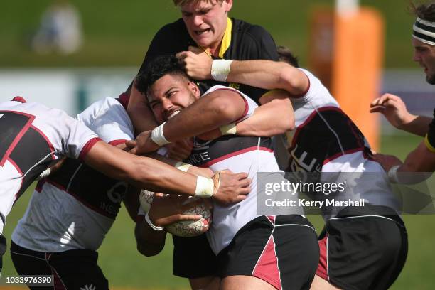 Nadi Tulia of North Harbour is tackled during the Jock Hobbs U19 Rugby Tournament on September 15, 2018 in Taupo, New Zealand.