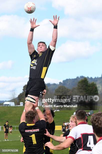 Jack Wright of Wellington reaches for the ball in a lineout during the Jock Hobbs U19 Rugby Tournament on September 15, 2018 in Taupo, New Zealand.
