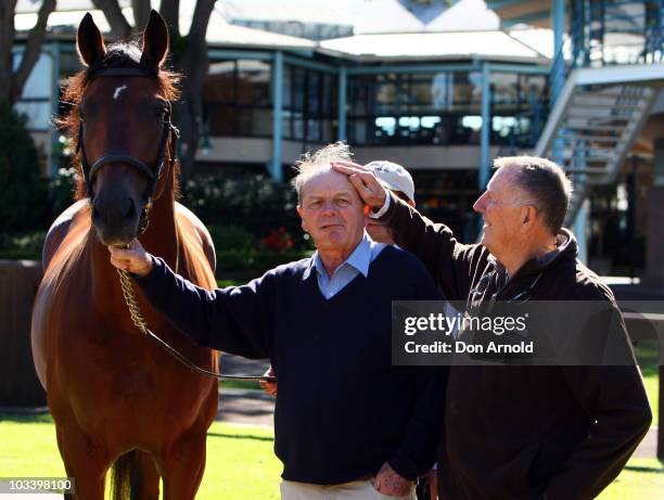 Gerry Harvey and John Singleton pose during the celebration for the arrival of world champion racehorse Big Brown at the Inglis Stables on August 16,...