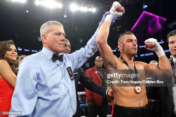 David Lemieux reacts after knocking out Gary O'Sullivan in their middleweight bout at T-Mobile Arena on September 15, 2018 in Las Vegas, Nevada.