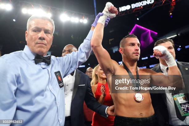 David Lemieux reacts after knocking out Gary O'Sullivan in their middleweight bout at T-Mobile Arena on September 15, 2018 in Las Vegas, Nevada.