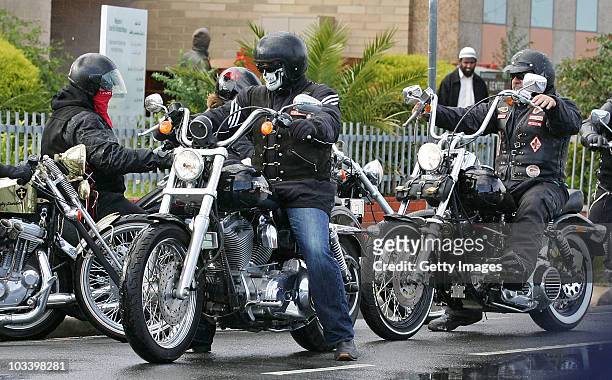 Hells Angels bikies leave after the funeral for Melbourne crime figure Macchour Chaouk at Preston Mosque on August 16, 2010 in Melbourne, Australia....