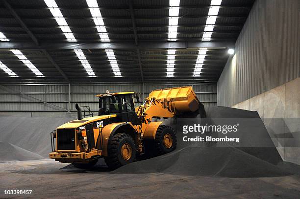 Bulldozer moves loads of rutile, a mineral containing titanium used in decorative paints, at Iluka Resources Ltd.'s warehouse facility at the Port of...