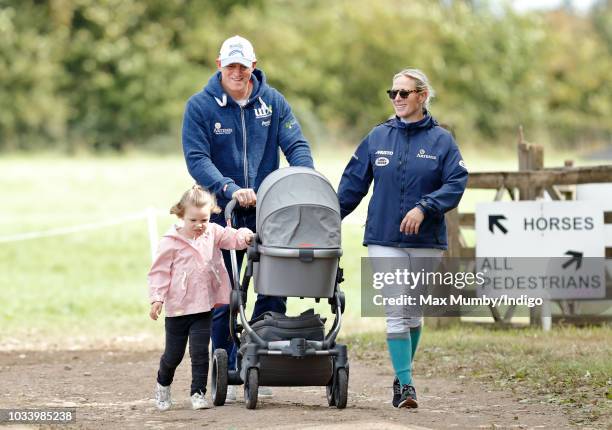 Mike Tindall and Zara Tindall with their daughters Mia Tindall and Lena Tindall attend day 3 of the Whatley Manor Horse Trials at Gatcombe Park on...