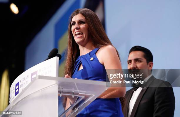 Danica Roem and Nelson Araujo speak at the 22nd annual Human Rights Campaign National Dinner at the Walter E. Washington Convention Center on...