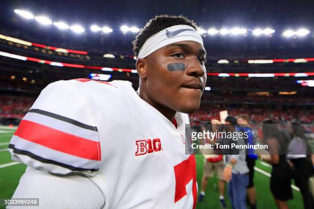 Dwayne Haskins of the Ohio State Buckeyes walks off the field after beating the TCU Horned Frogs 40-28 during The AdvoCare Showdown at AT&T Stadium...