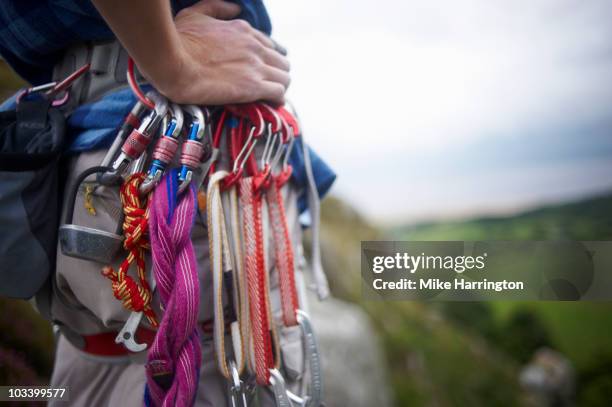 climber overlooking landscape - karabiner stock pictures, royalty-free photos & images
