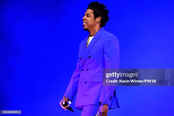 Jay-Z performs onstage during the "On the Run II" Tour at NRG Stadium on September 15, 2018 in Houston, Texas.