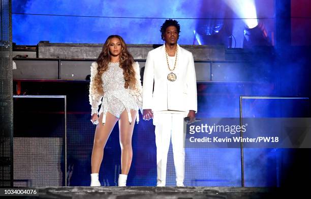 Beyonce and Jay-Z perform onstage during the "On the Run II" Tour at NRG Stadium on September 15, 2018 in Houston, Texas.