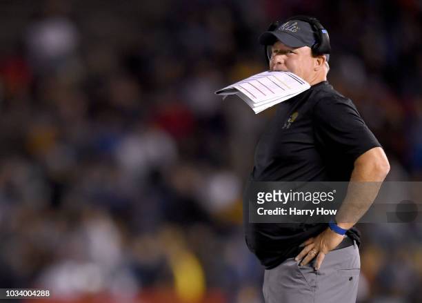Head coach of the UCLA Bruins Chip Kelly reacts after a Fresno State Bulldogs touchdown to trail 31-14 during the third quarter at Rose Bowl on...