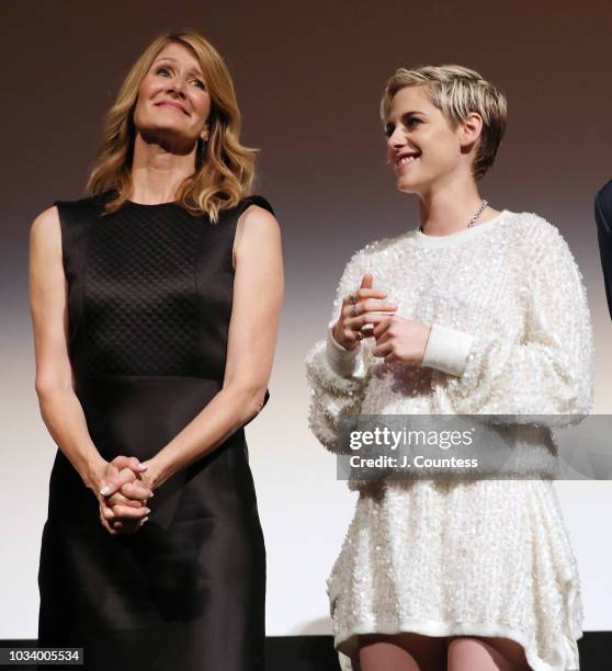 Laura Dern and Kristen Stewart attend the premiere of "Jeremiah Terminator LeRoy" at Roy Thomson Hall on September 15, 2018 in Toronto, Canada.