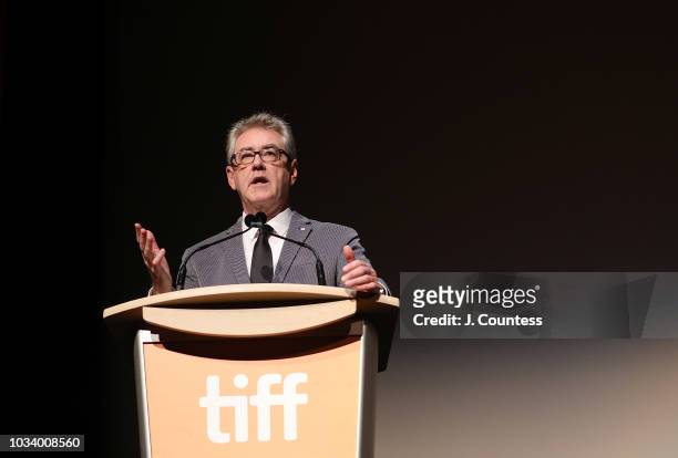 Director and CEO Piers Handling speaks during the introduction at the premiere of "Jeremiah Terminator LeRoy" at Roy Thomson Hall on September 15,...